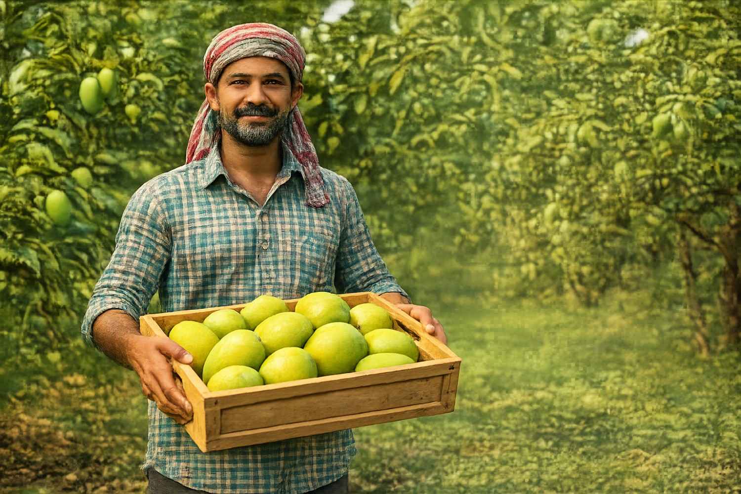 Farmer holding fresh mangoes